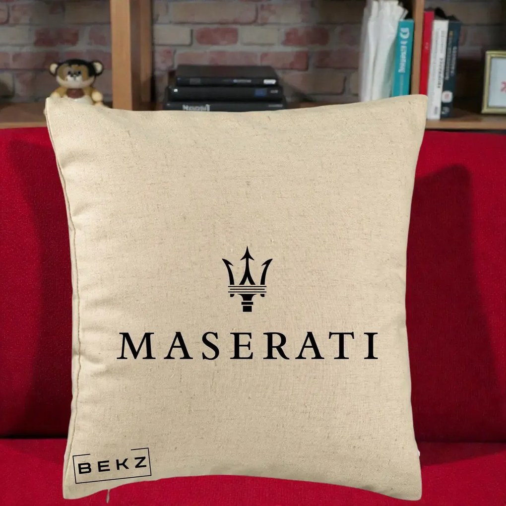 Perna Personalizata cu emblema Maserati, 40x40 cm, Bej, Husa Detasabila, Perna Inclusa, BEKZ®