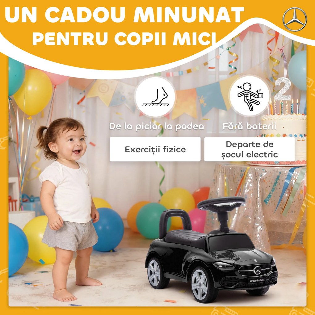 AIYAPLAY Mașinuță Electrică pentru Copii Licență Mercedes Benz cu Claxon și Spațiu Portaoggetti, 65x28x39 cm, Negru | Aosom Romania
