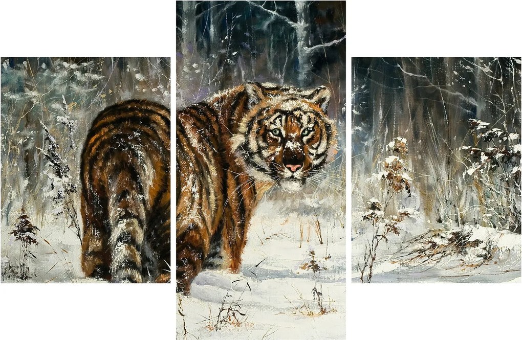 Tablou - Tigru într-o pădure înzăpezită, pictură în ulei (90x60 cm)