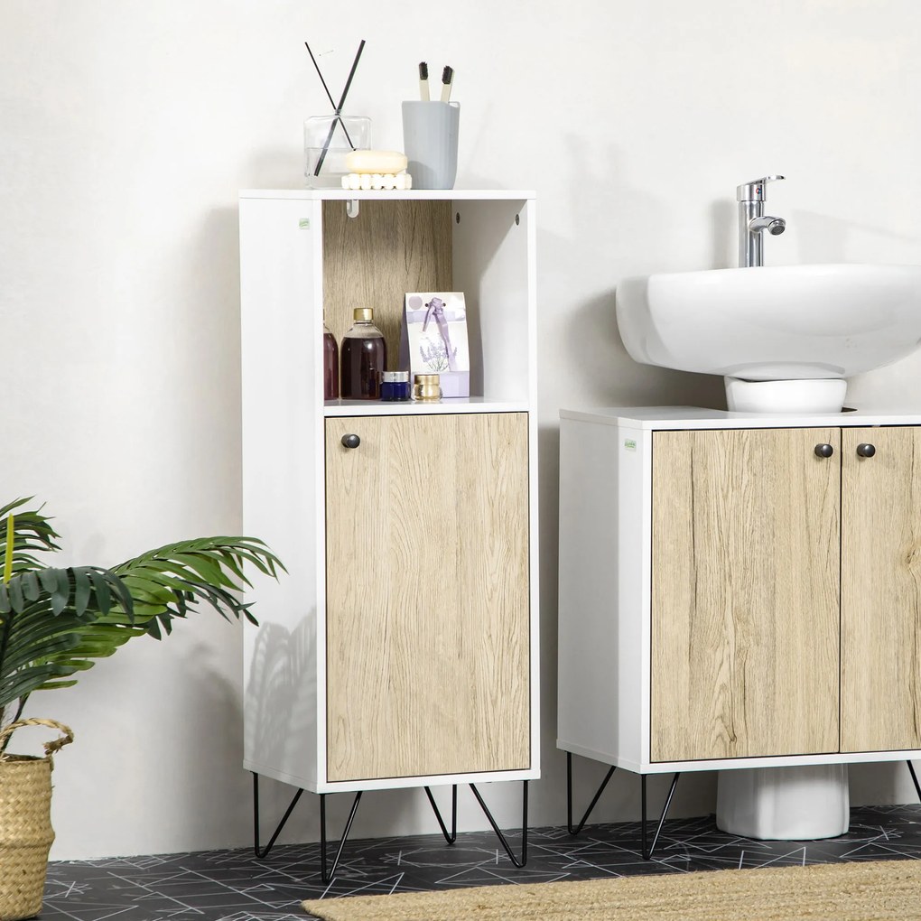Kleankin Dulap de Podea Baie, Raft Deschis, Organizator Independent cu Ușă, Design Modern | Aosom Romania