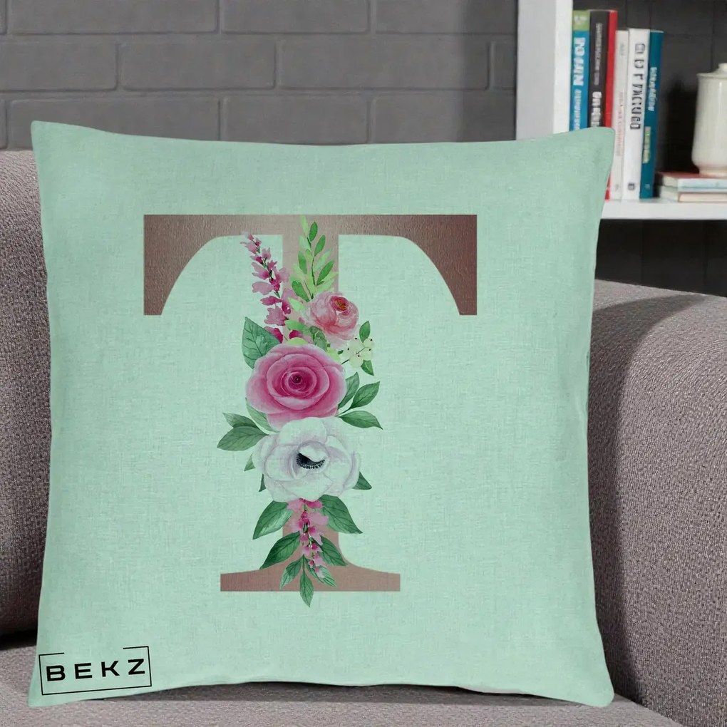 Cadou Personalizat - Perna Personalizata Monograma Rose Gold Litera T, 40x40 cm, Verde Menta, Husa Detasabila, Perna Inclusa, BEKZ®