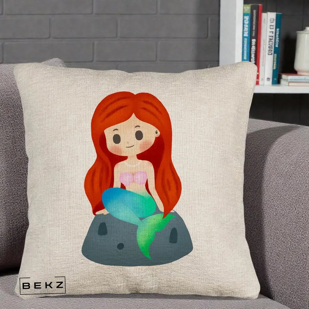 Perna Personalizata Sirena Kawaii Roscat, 40x40 cm, Bej Canapea, Husa Detasabila, Perna Inclusa, BEKZ®