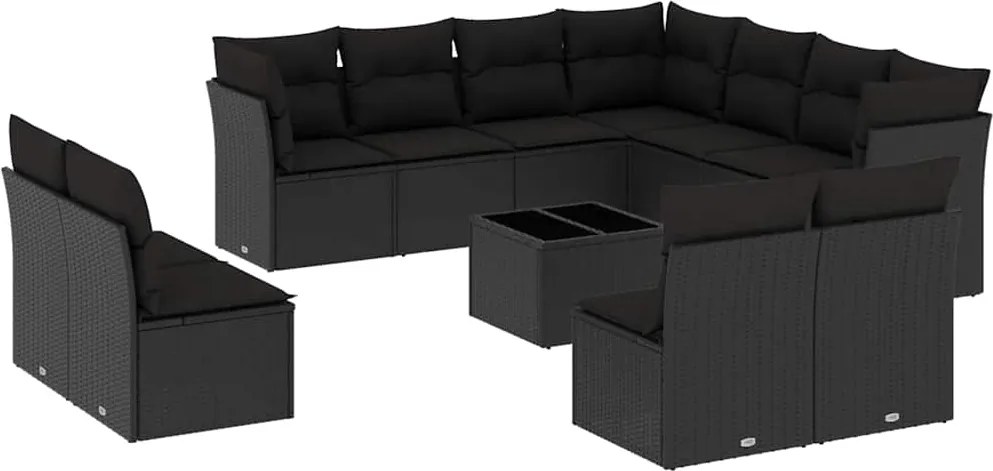 vidaXL Set canapele de grădină, 12 piese, cu perne, negru, poliratan
