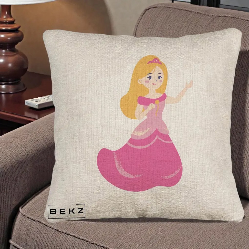 Perna Personalizata Printesa Roz cu Microfon, 40x40 cm, Bej Canapea, Husa Detasabila, Perna Inclusa, BEKZ®