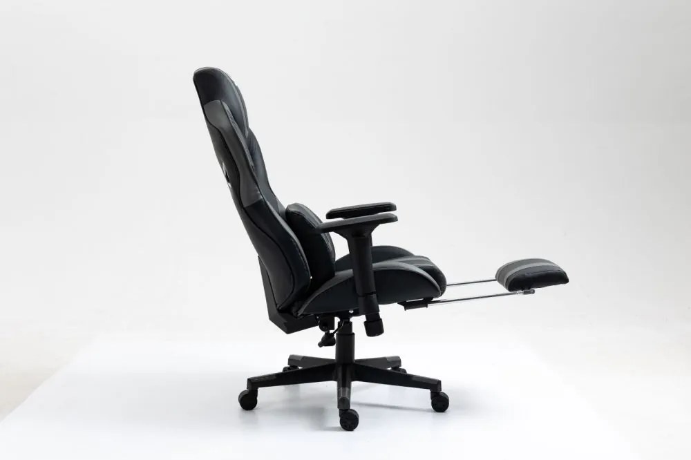 Scaun gaming, masaj in perna lombară, suport picioare, piele PU, Negru/Gri