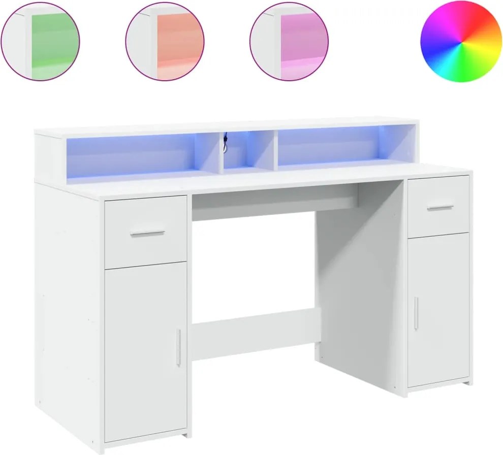 vidaXL Birou cu lumini LED, alb, 140x55x91 cm, lemn prelucrat