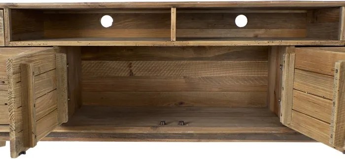 Comodă TV living din lemn reciclat, natur, cu 4 uși, 2 sertare, 2 nișe deschise și picioare oblice, finisaj antichizat, 65 x 180 x 48 cm, „Aubeline”