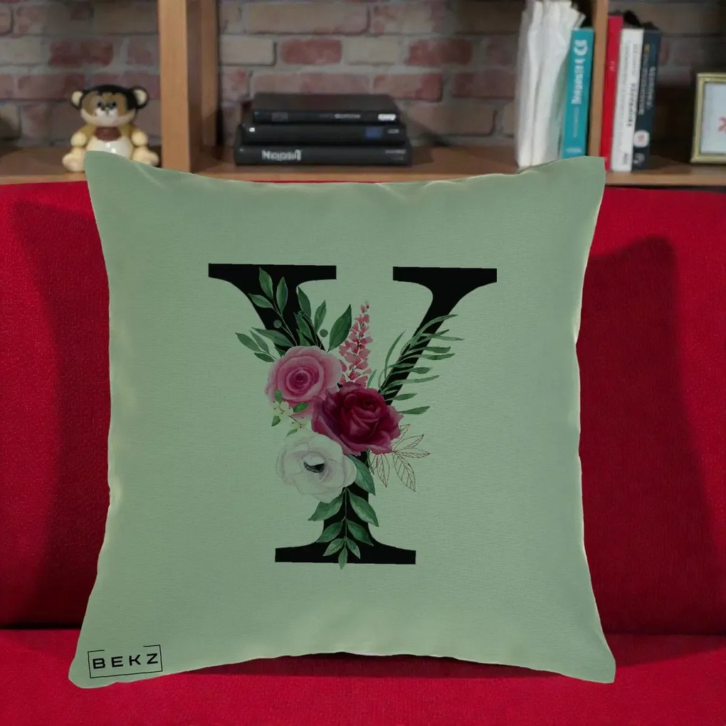 Cadou Personalizat - Perna Personalizata Monograma Florala Litera Y cu Buchet, 40x40 cm, Verde, Husa Detasabila, Perna Inclusa, BEKZ®