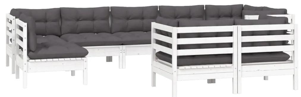 Set mobilier de gradina cu perne, 9 piese, alb, lemn masiv pin Alb, 1