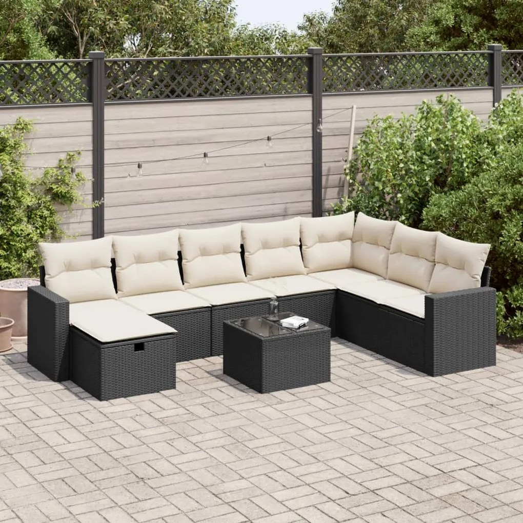 3325442 vidaXL Set mobilier de grădină cu perne, 9 piese, negru, poliratan