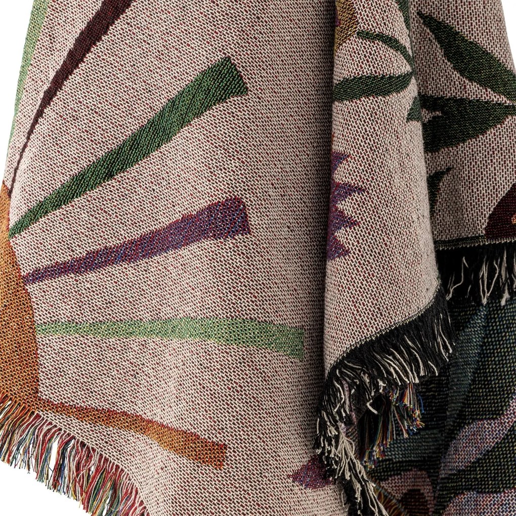 Pătură din bumbac reciclat, roz, cu model botanic și franjuri multicolore, „Yash", 160 x 130 cm