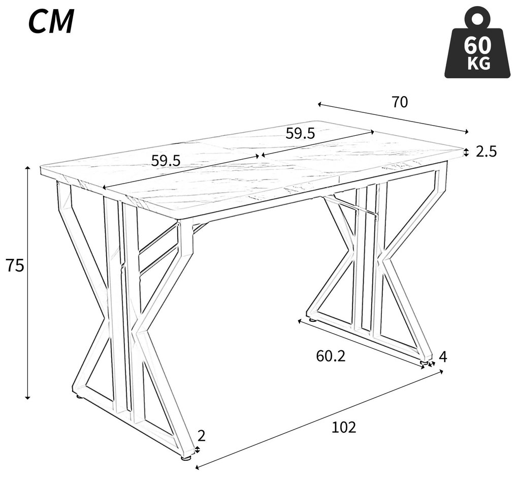 Masă cu picioare din metal, marmorizare modernă, structură metalică stabilă, 119×70×75 cm, Alb+Auriu