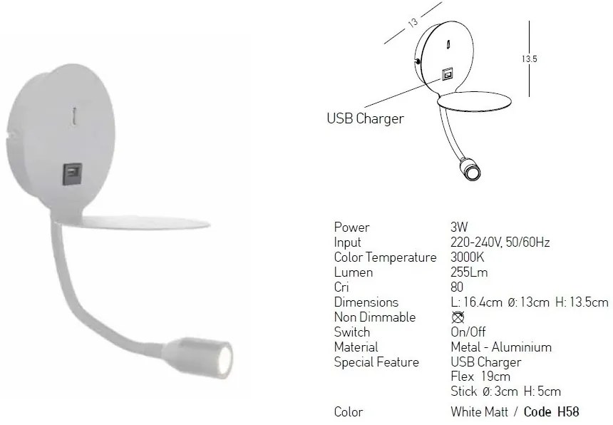 Aplica moderna cu suport, USB Charger, brat flexibil cu reader LED Hotel
