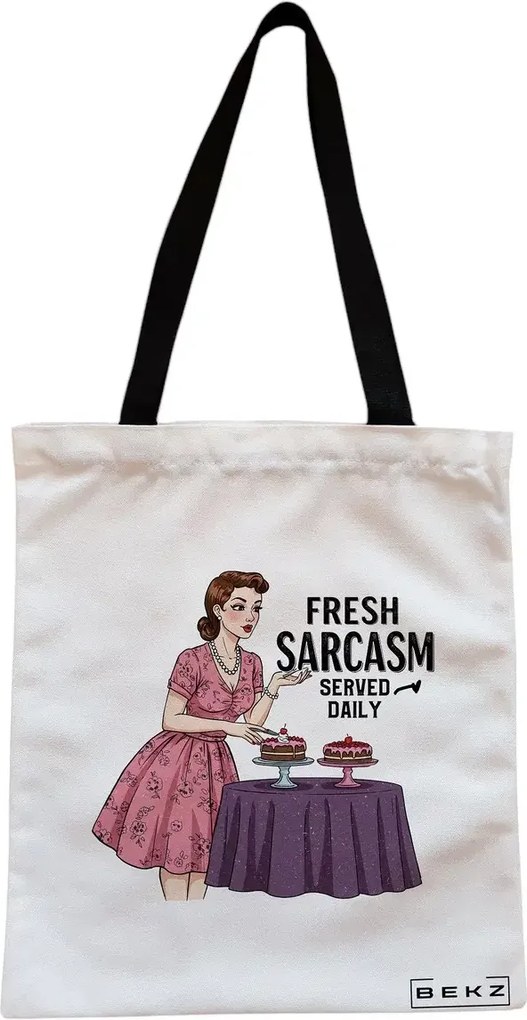 Sacosa de Panza pentru Cumparaturi, Geanta Tote, model Fresh sarcas, Served Daily, Cu fermoar, 38x34.5 cm, Alba, BEKZ®