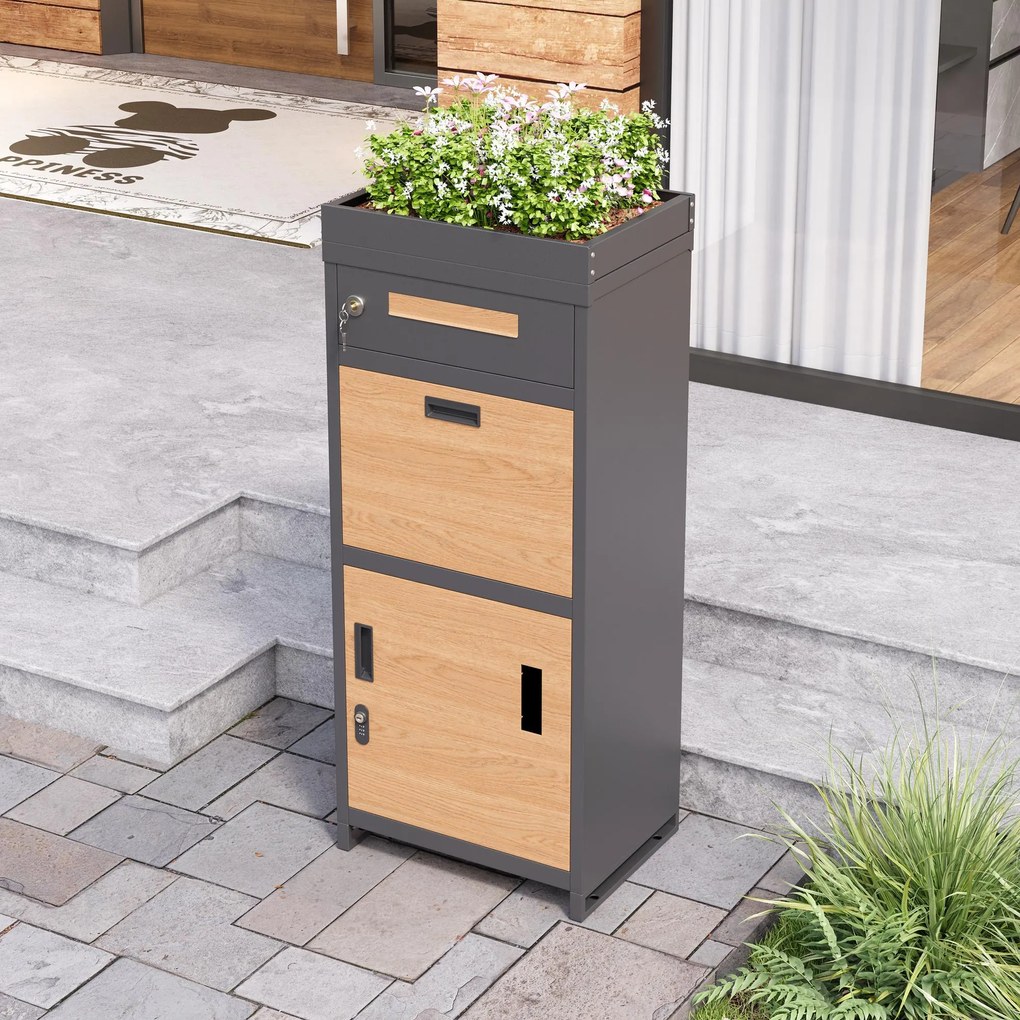 Cutie pentru colete și scrisori cu jardinieră integrată, 50x37x118,5 cm, Gri+Culoare naturală