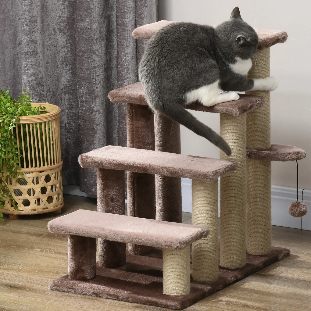 PawHut Scara pentru animale de companie, casa pentru zgâriere, 4 trepte, pentru animale cu o greutate de până la 5 kg, 60x40x64cm, Maro | Aosom Romania