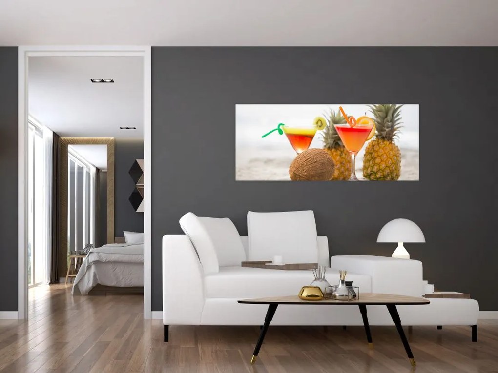 Tablou cu ananas și pahare pe plajă (120x50 cm)