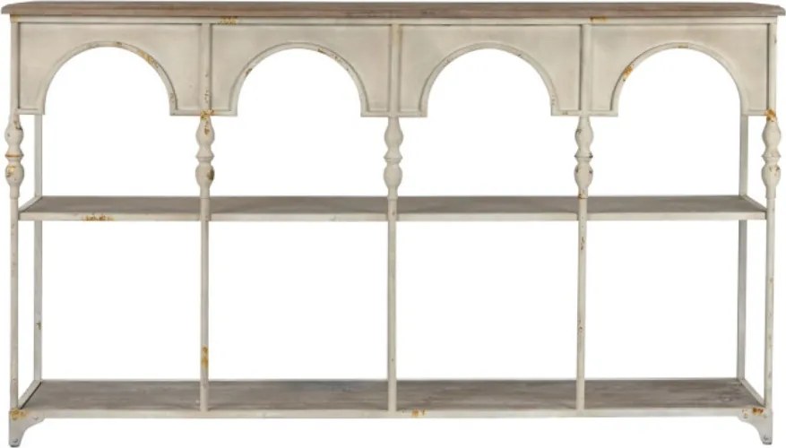 Consolă hol vintage din metal, crem, cu blat din lemn, 2 rafturi și arcade pe baluștri, 91 x [lățime] x 36,5 cm, „Arches”