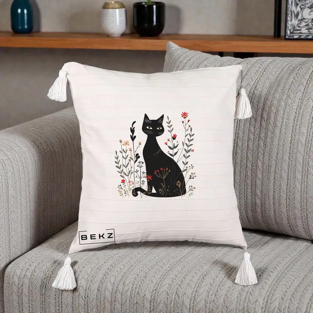 Perna Decorativa Pisica Neagra Botanica Rosu-Gri, 40x40 cm, Bej cu Franjuri, Husa Detasabila, Perna Inclusa, BEKZ®
