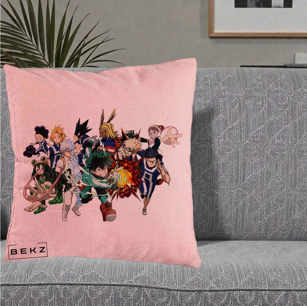 Perna Personalizata My Hero Academia Clasa 1-A Complet, 40x40 cm, Roz, Husa Detasabila, Perna Inclusa, BEKZ®