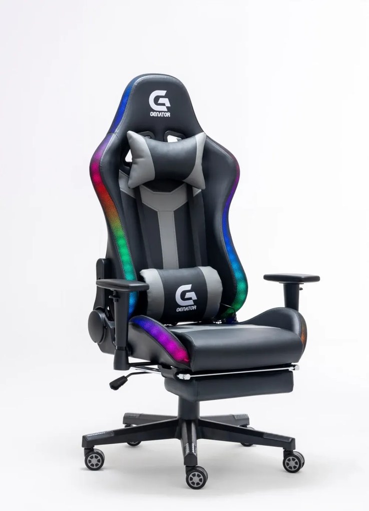 Scaun gaming, Masaj in 7 puncte, sistem iluminare bandă LED RGB, boxe Bluetooth, masaj în perna lombară, sezut benzi elastice sustinere, funcție șezlong, 90-180 grade, suport picioare, Negru/Gri
