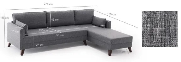 Colțar L KORFU, gri, cu șezlong pe partea dreaptă