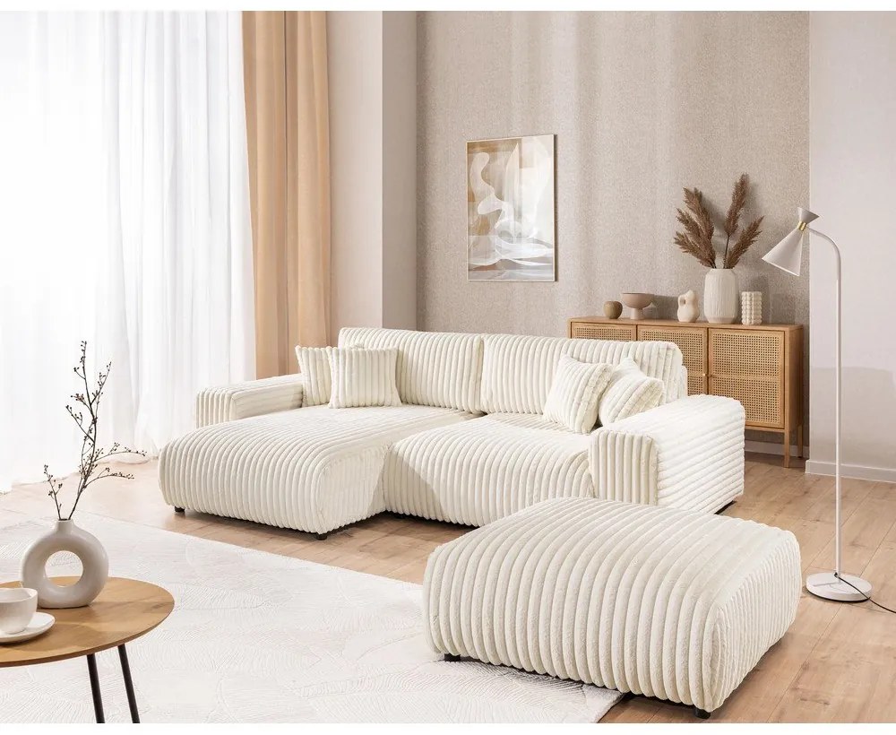 Colțar crem extensibil, cu spațiu de depozitare, cu tapițerie din catifea reiată (cu colț pe partea stângă) Sarina – Ropez