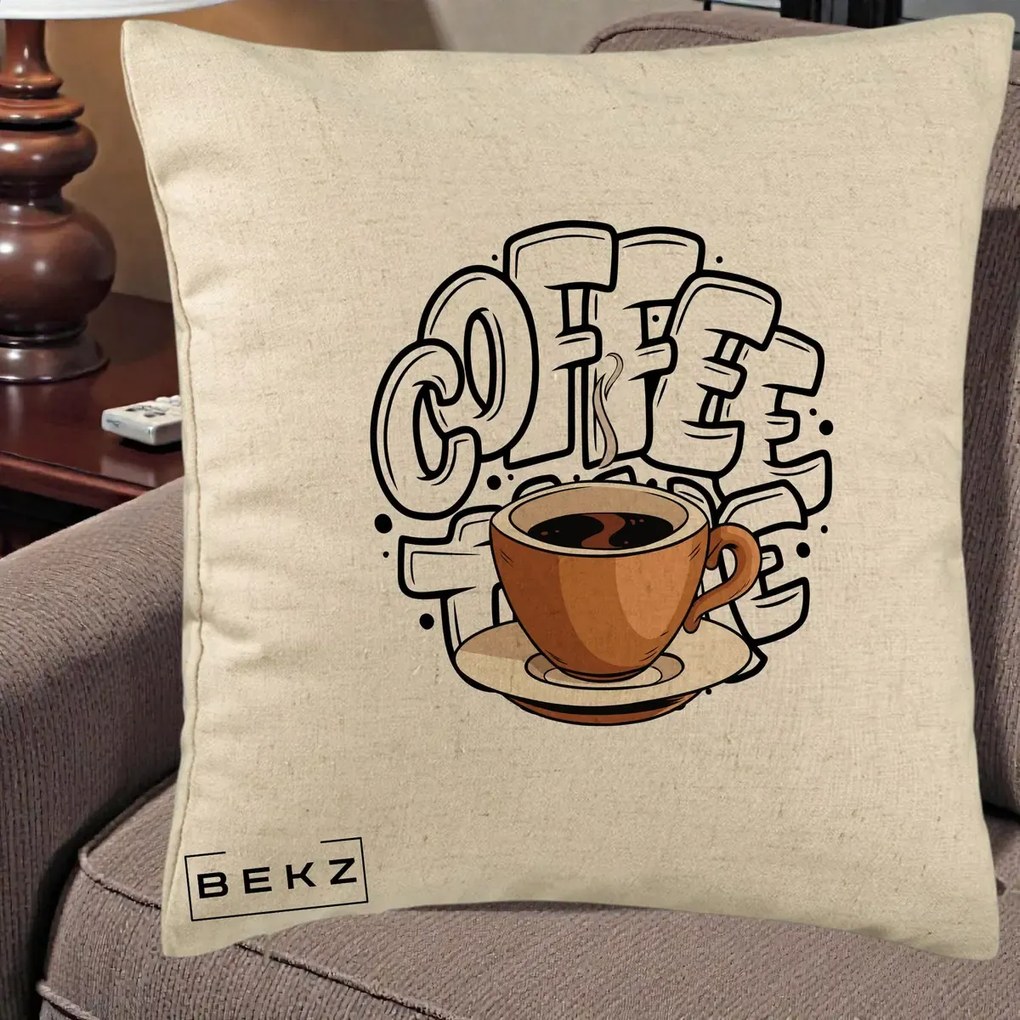 Perna Personalizata COFFEE cu Cana, 40x40 cm, Bej, Husa Detasabila, Perna Inclusa, BEKZ®