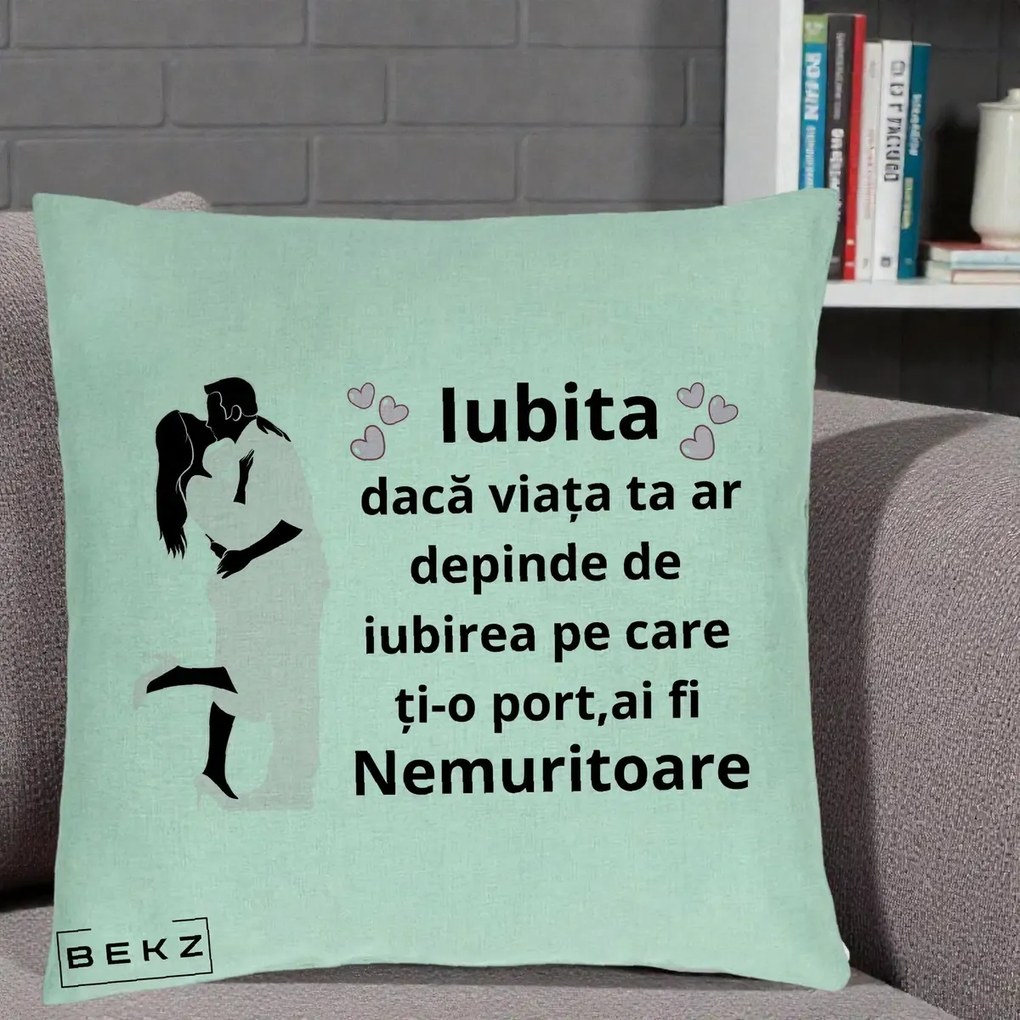 Cadou pentru Iubita - Perna Personalizata Iubita Nemuritoare cu Siluete de Cuplu, 40x40 cm, Verde Menta, Husa Detasabila, Perna Inclusa, BEKZ®