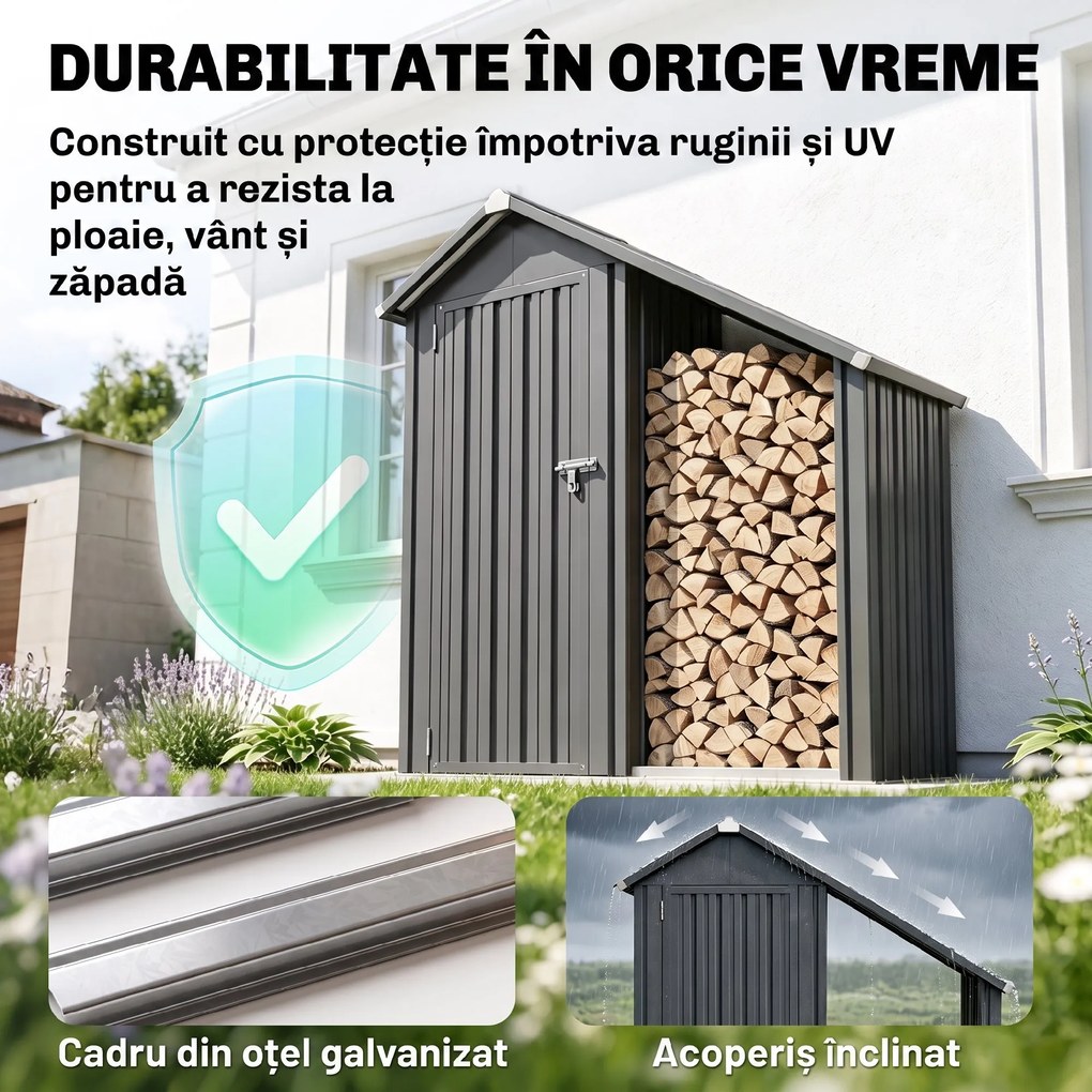 Outsunny Șopron Exterior pentru Lemne cu Dulap pentru Unelte, 0,77 m², 150x66x162 cm, Din Oțel Galvanizat, Gri Închis | Aosom Romania