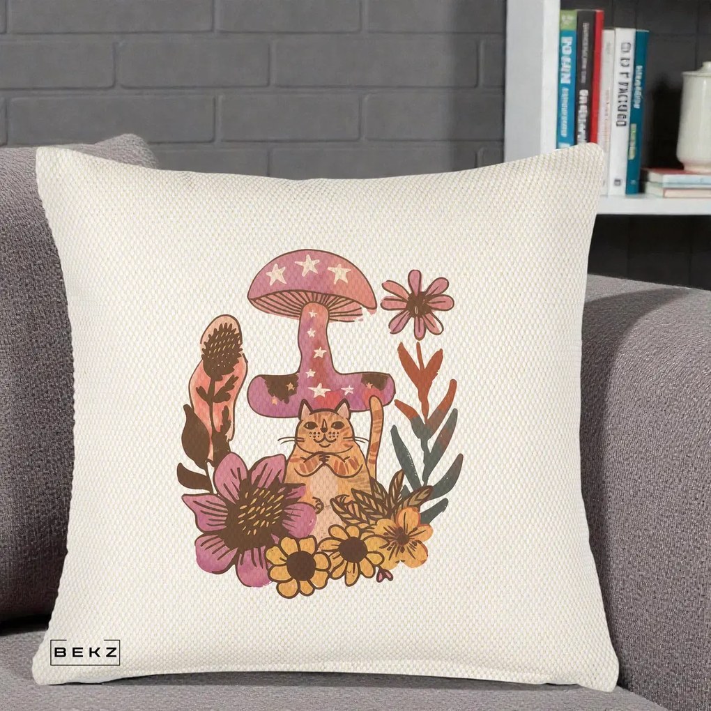Perna Decorativa Ciuperca Pisica Boho, 40x40 cm, Crem Reliefat, Husa Detasabila, Perna Inclusa, BEKZ®