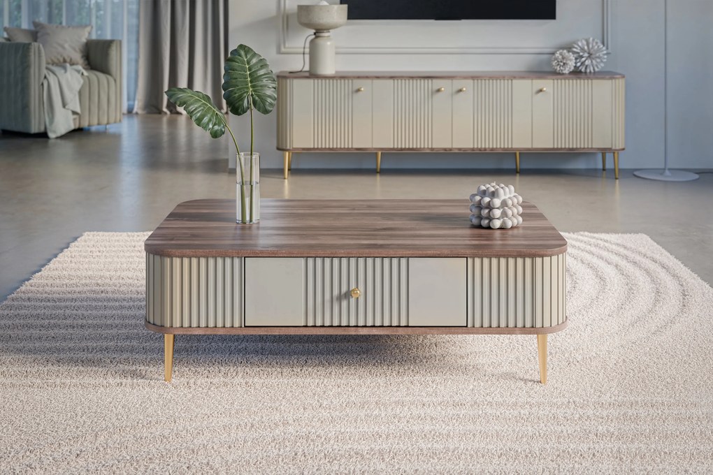 Măsuță de cafea Vesper 103x60 cm cu sertar - kaszmir / nuc / picioare aurii