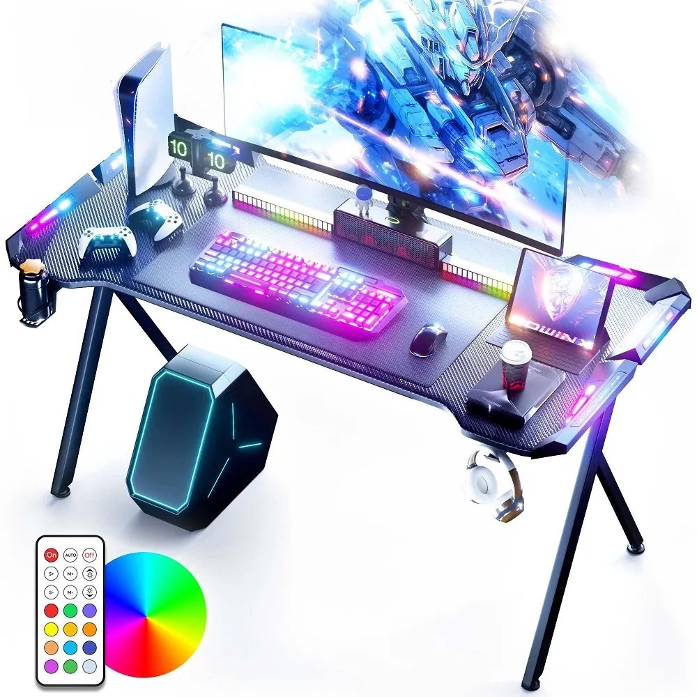 DOWINX Birou de Gaming RGB cu Iluminare Multicoloră și Design din Fibră de Carbon, Telecomanda, Mouse pad impermeabil, 120 cm, Negru