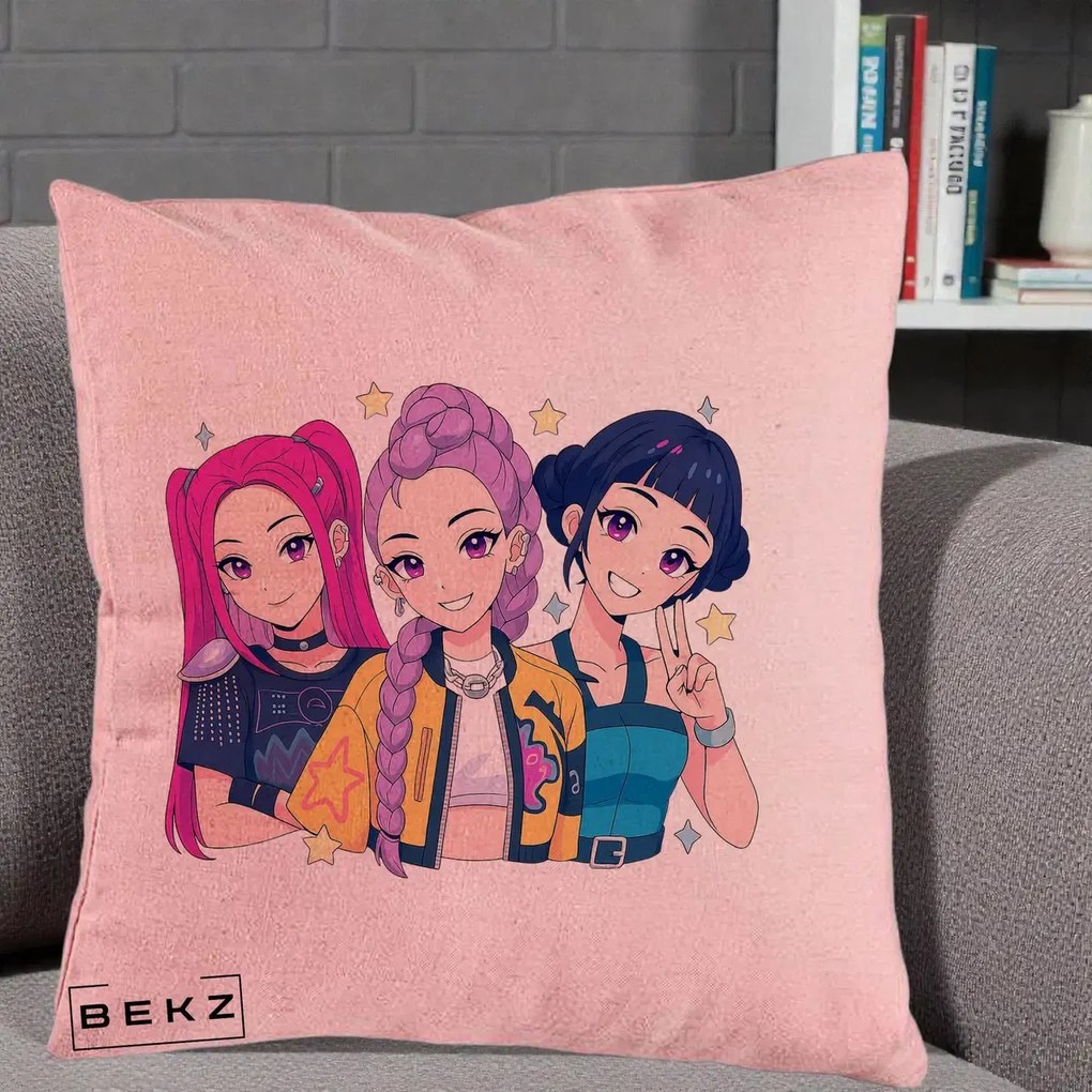 Perna Personalizata K-pop HUNTRX Trio Anime Stele, 40x40 cm, Roz, Husa Detasabila, Perna Inclusa, BEKZ®