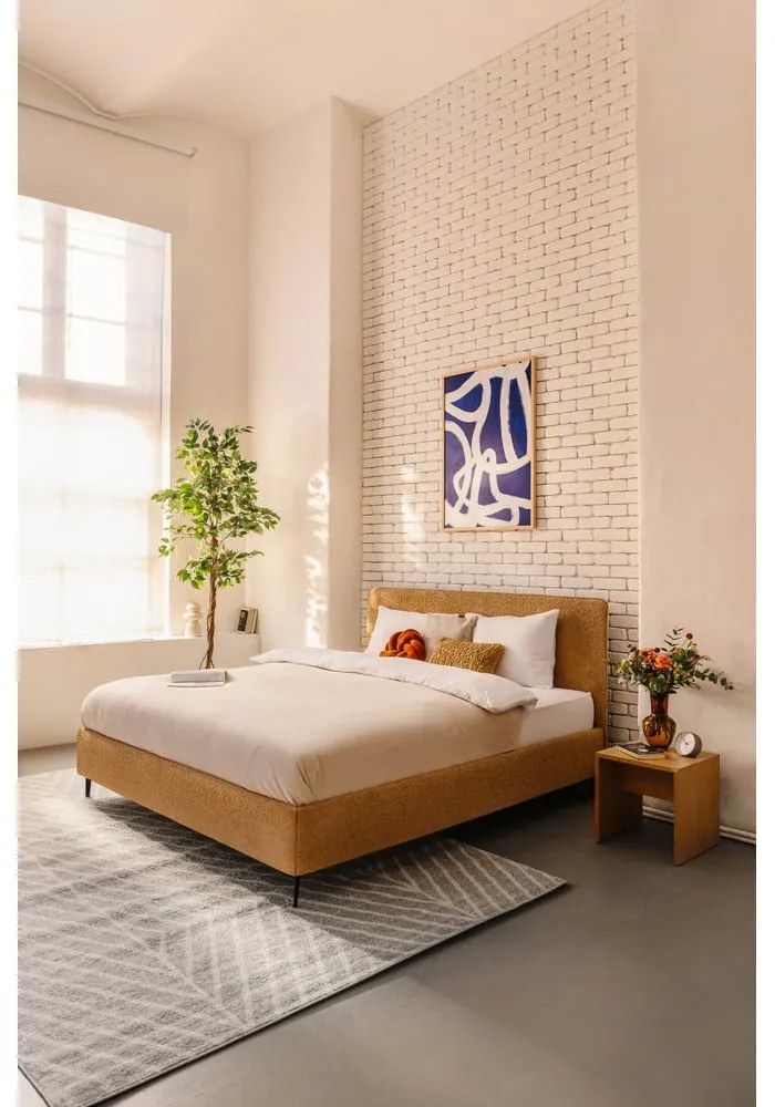 Pat matrimonial galben muștar tapițat cu somieră 160x200 cm Noira Slim – Bonami Selection