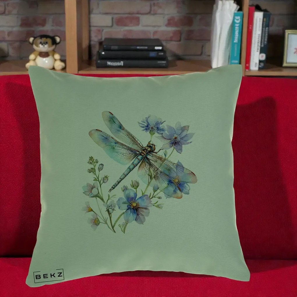 Perna Decorativa Libelula Acuarela Flori Albastre, 40x40 cm, Verde, Husa Detasabila, Perna Inclusa, BEKZ®
