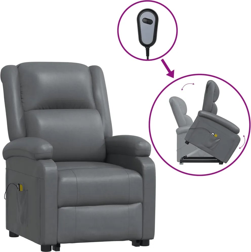 vidaXL Fotoliu de masaj cu ridicare, gri, piele ecologică