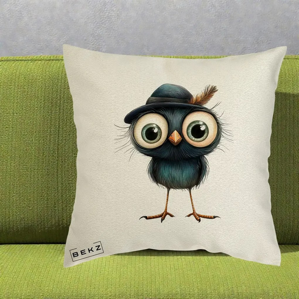 Perna Decorativa Pui Misterios cu Palarie Neagra, 40x40 cm, Ecru, Husa Detasabila, Perna Inclusa, BEKZ®