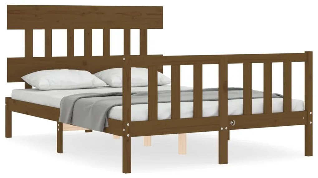 3193309 vidaXL Cadru de pat cu tăblie, dublu mic, maro miere, lemn masiv