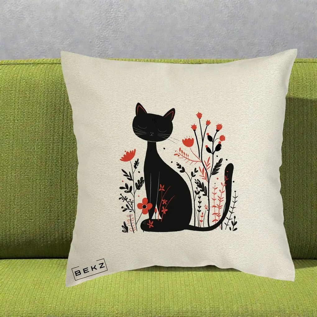 Perna Decorativa Pisica Neagra Flori Rosii Folk Minimal, 40x40 cm, Ecru, Husa Detasabila, Perna Inclusa, BEKZ®