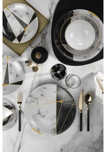Set de masă, 24 piese, porțelan, negru/alb/auriu