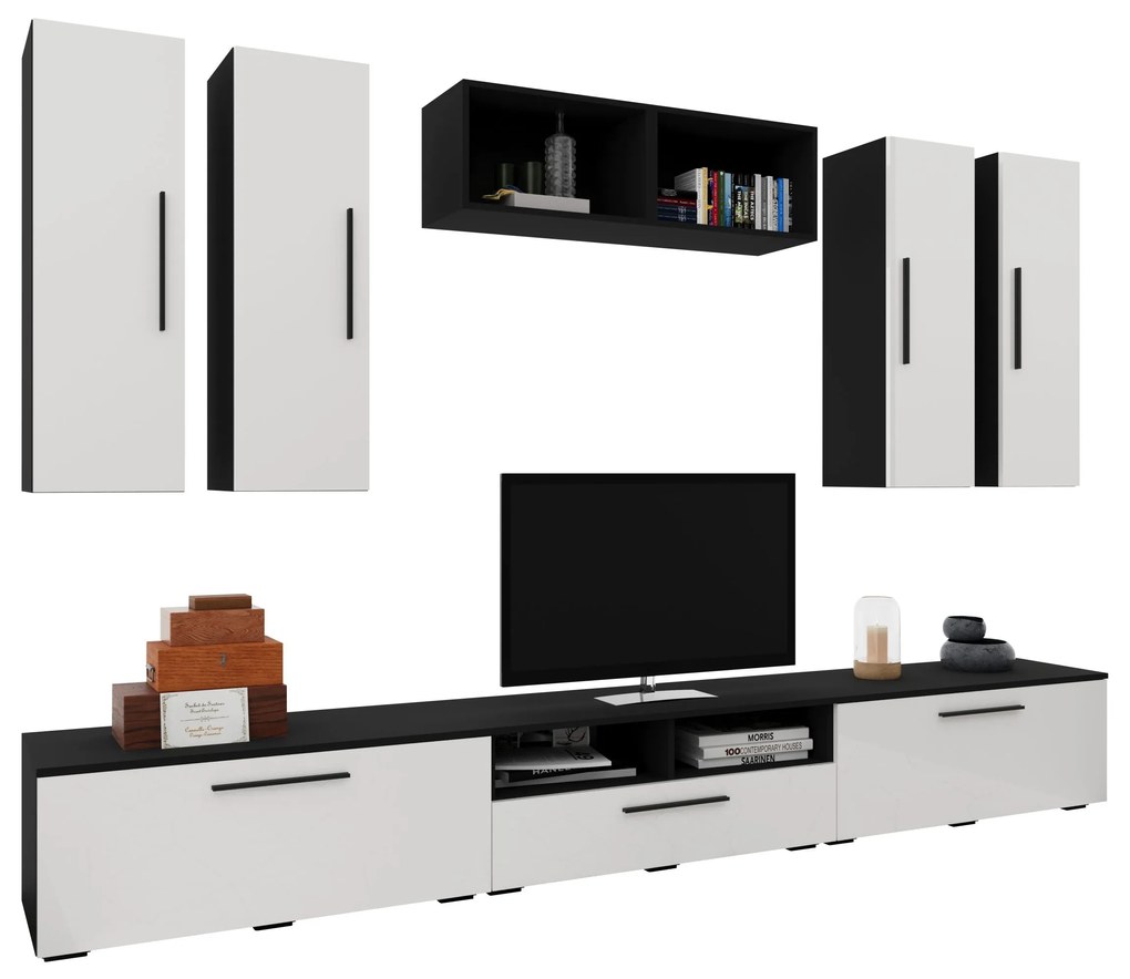 Living Kos V4, Negru/Alb Lucios, MDF, L 285 cm