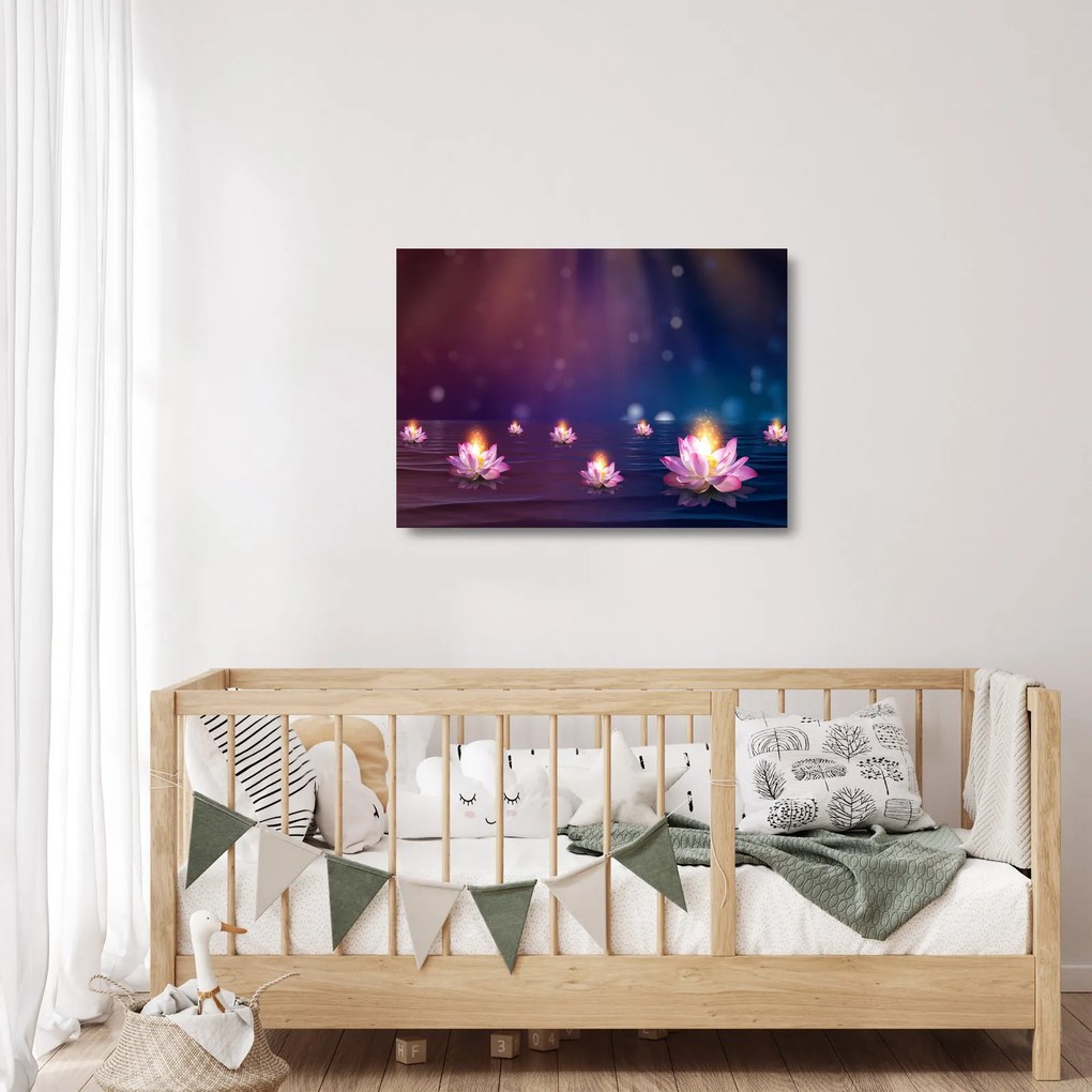 Tablou pe sticlă - Nuferi magici (70x50 cm)