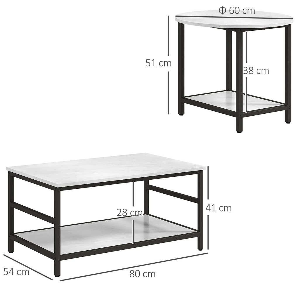 Set 2 Masute de Cafea cu 2 Niveluri din PAL si Otel, Masuta Dreptunghiulara si Masuta Rotunda cu Blat Efect Marmura, Alb si Negru HOMCOM | Aosom RO