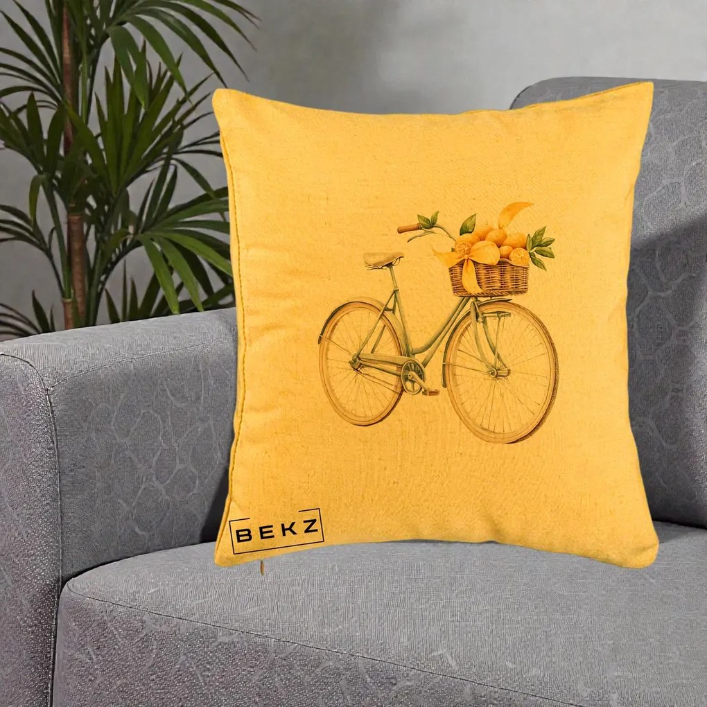 Perna Decorativa Bicicleta cu Cos de Lamai Mediteranean, 40x40 cm, Galben, Husa Detasabila, Perna Inclusa, BEKZ®
