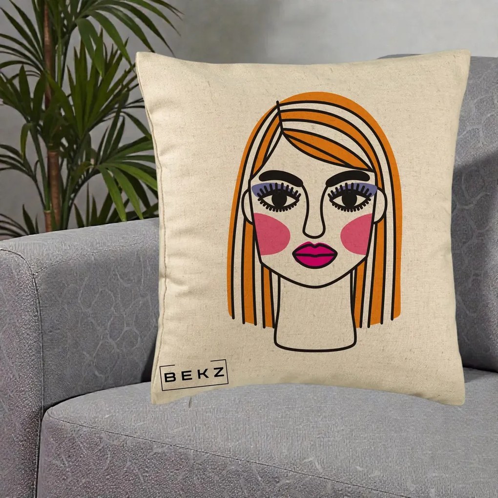 Perna Decorativa Portret Pop Art Fata, 40x40 cm, Bej, Husa Detasabila, Perna Inclusa, BEKZ®