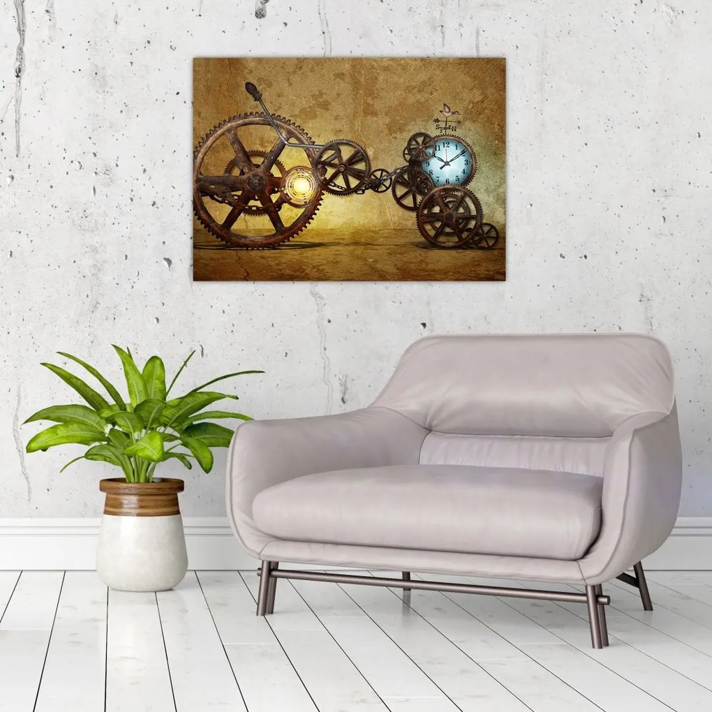 Tablou pe sticlă cu aparatele istorice ale ceasurilor (70x50 cm)