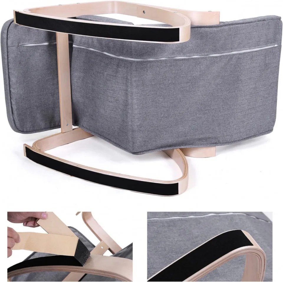 Fotoliu balansoar, lemn de mesteacan / textil, gri inchis / natural, Songmics