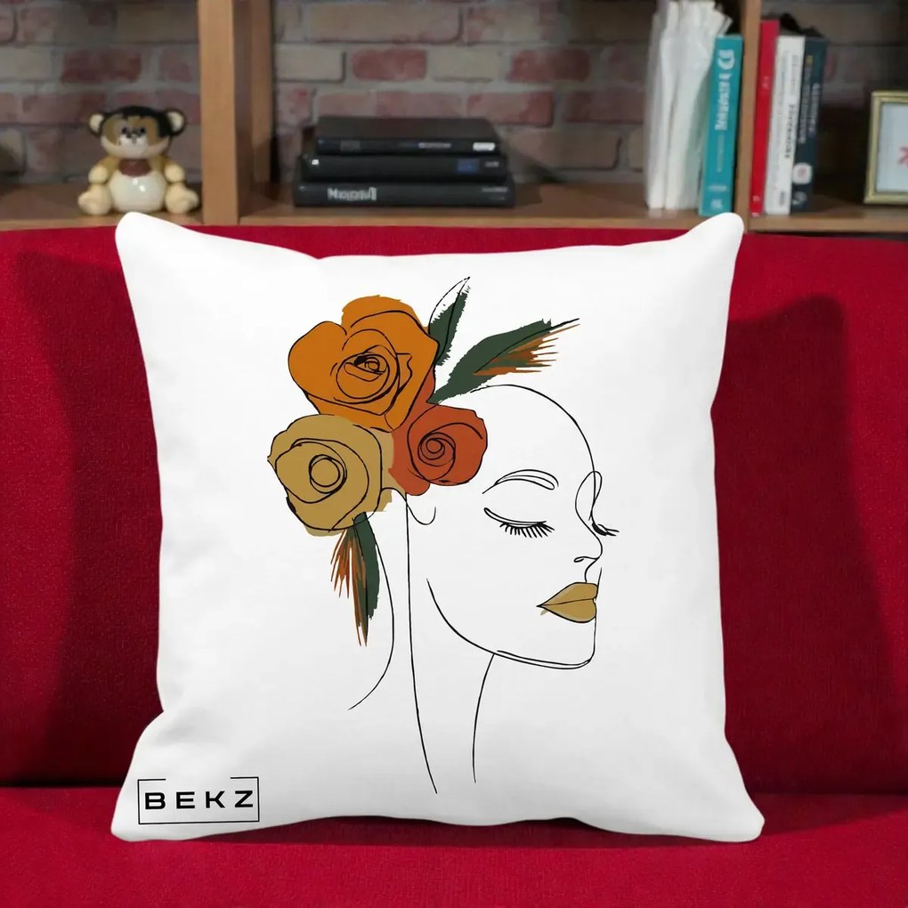 Perna Decorativa Portret Feminin Trandafiri Ruginii, 40x40 cm, Alba Mata, Husa Detasabila, Perna Inclusa, BEKZ®