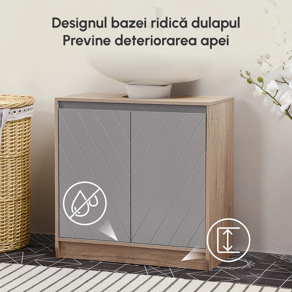 HOMCOM Masca Chiuvetă Baie Rafturi Reglabile Două Uși Bază Înălțată MDF 60x30x60cm Gri | Aosom Romania